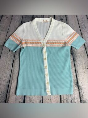 Vtg 70s James Kenrob White Blue Orange Short Sleeve Cardigan Trevira Polyester